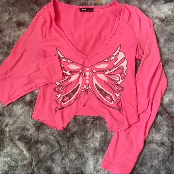 Butterfly Print Asymmetrical Cropped Long Sleeve Top - Picture 6 of 6